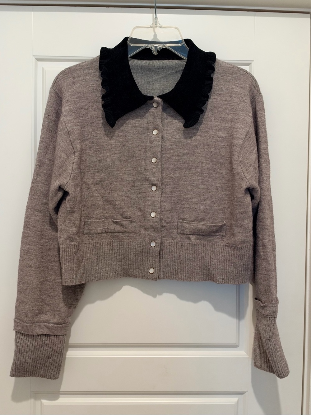 Sandro Etienne Grey Knit Cardigan with Black Ruffle Collar